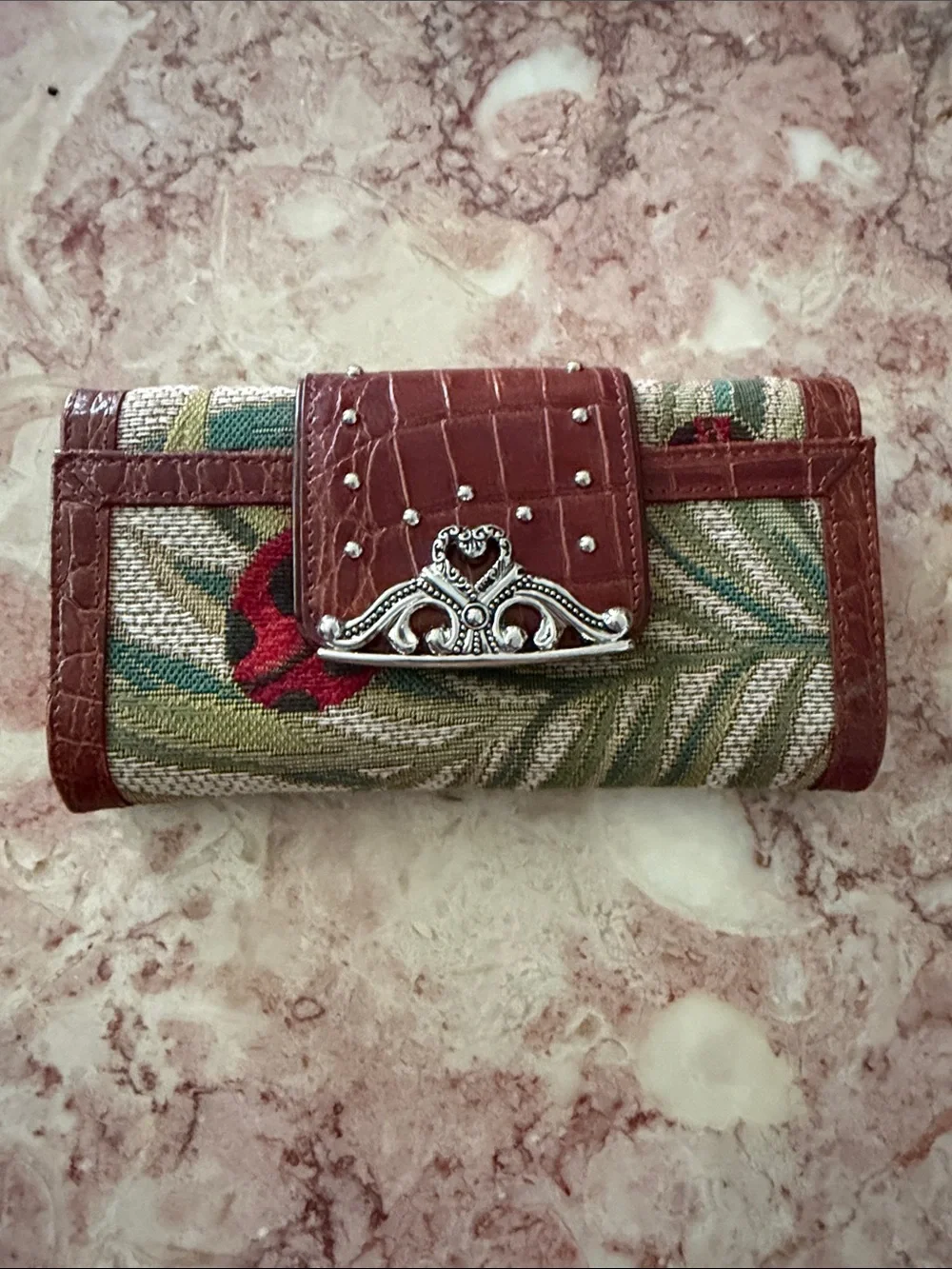 Floral Tapestry Trifold Wallet with Brown Faux-Croc Trim